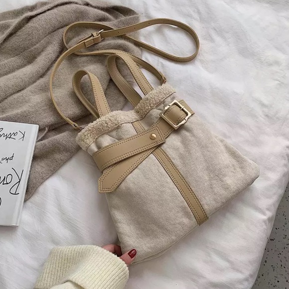 Bucket bag shoulder duo-style womens khaki cream belt magnet fuzzy soft leather - Picture 2 of 10